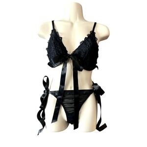 Lace Lingerie Set Black Bow Tie Bra & Panties Sexy Ribbon Tie Size Unknown